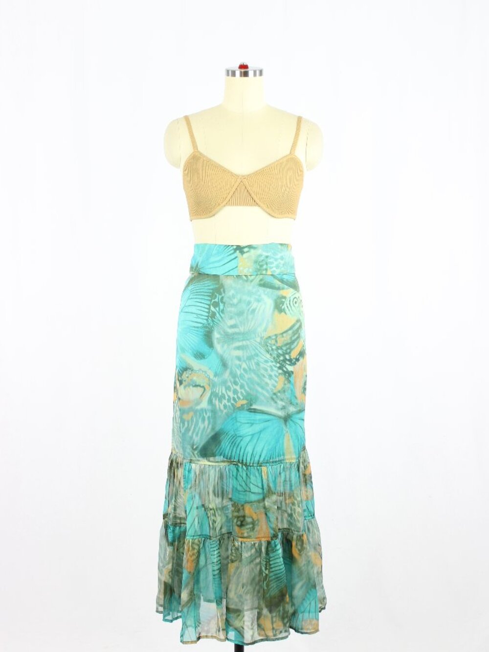 Vintage 00's APRIORI Y2K Teal Butterfly 100% Silk Flounce Fairy Skirt, Size 10